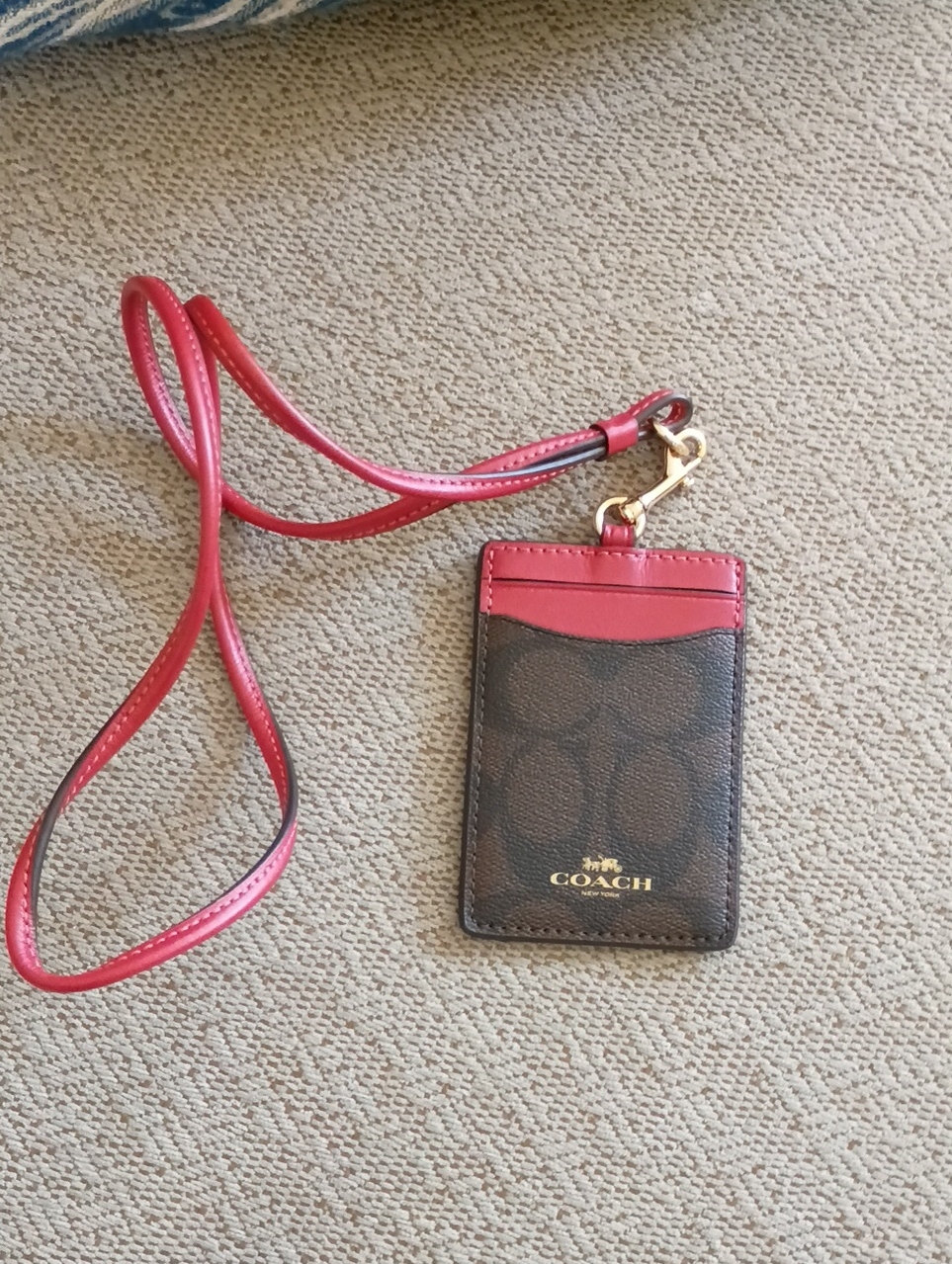 Coach Brown Signature Card Holder With Red Leather Lanyard Coach Brown Signature Card Holder With Red Leather Lanyard